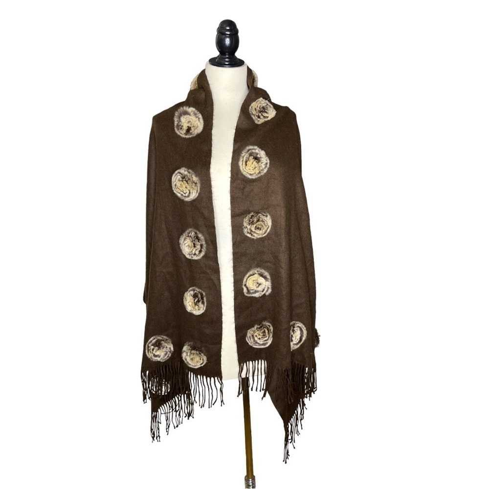 Luxurious Escio Chocolate Fur Trim Rabbit Fur Pom Pom Trim Fringe Wrap Shawl